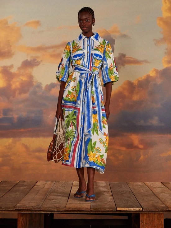 FARM Rio Dresses & Skirts - FARM Rio White Midi Shirt Dress with Blue Stripes and Yellow Floral Print
